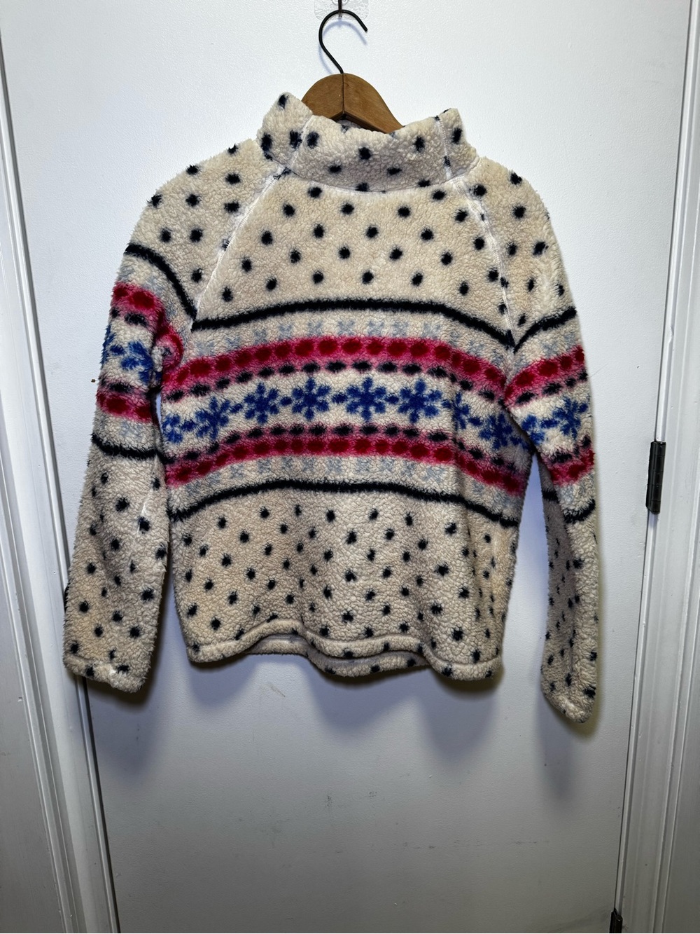 St. John's Bay Cream Fleece Turtleneck Sweater with Blue & Pink Fair Isle